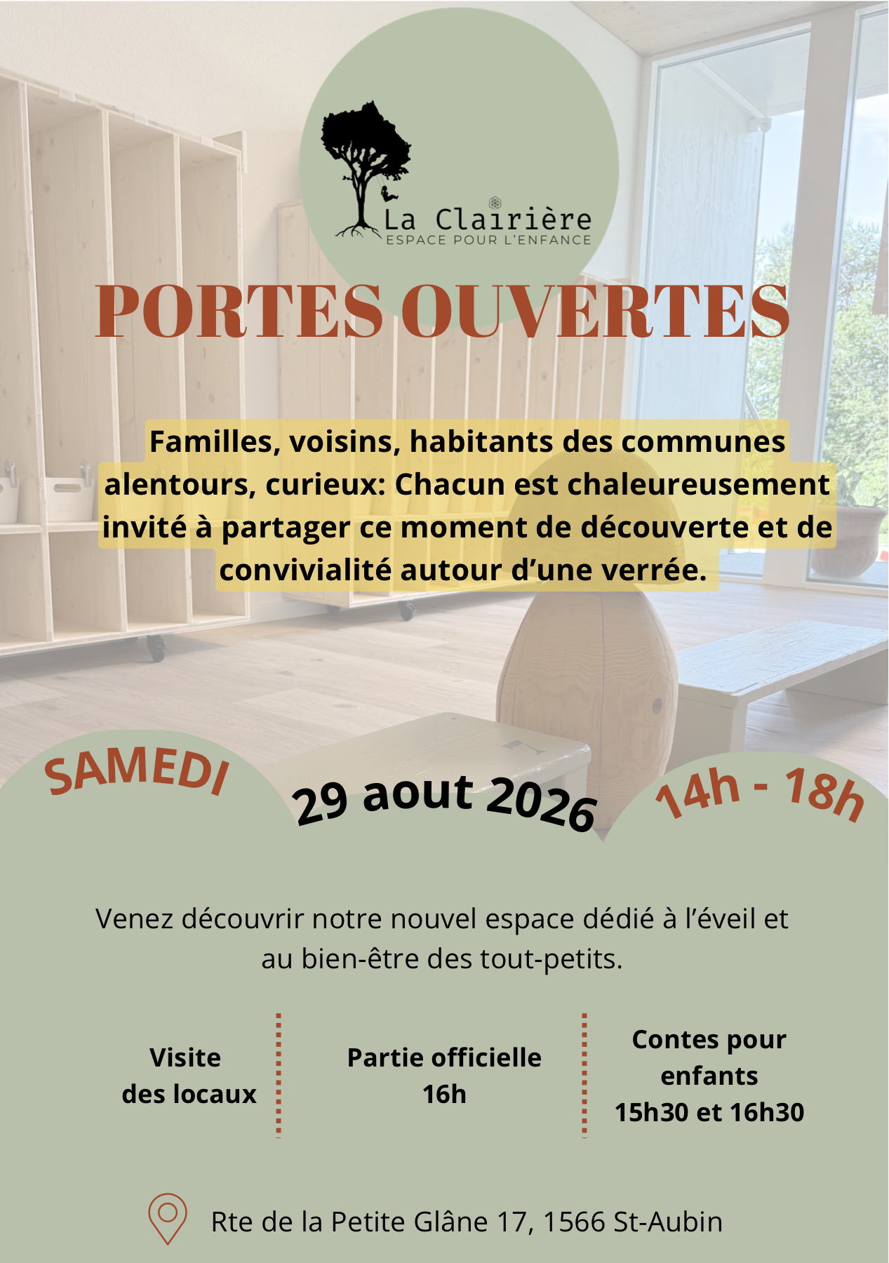 Flyer des portes ouvertes de La Clairière, samedi 29 août 2026 de 14 h à 18 h